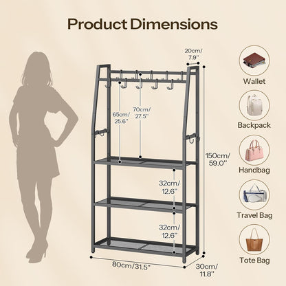 HOOBRO 3-Tier Purse Organizer for Closet, Purse Rack Stand with 14 Hooks