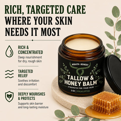 Wrath & Remedy Beef Tallow and Honey Balm, Handcrafted, Unscented, 4 oz