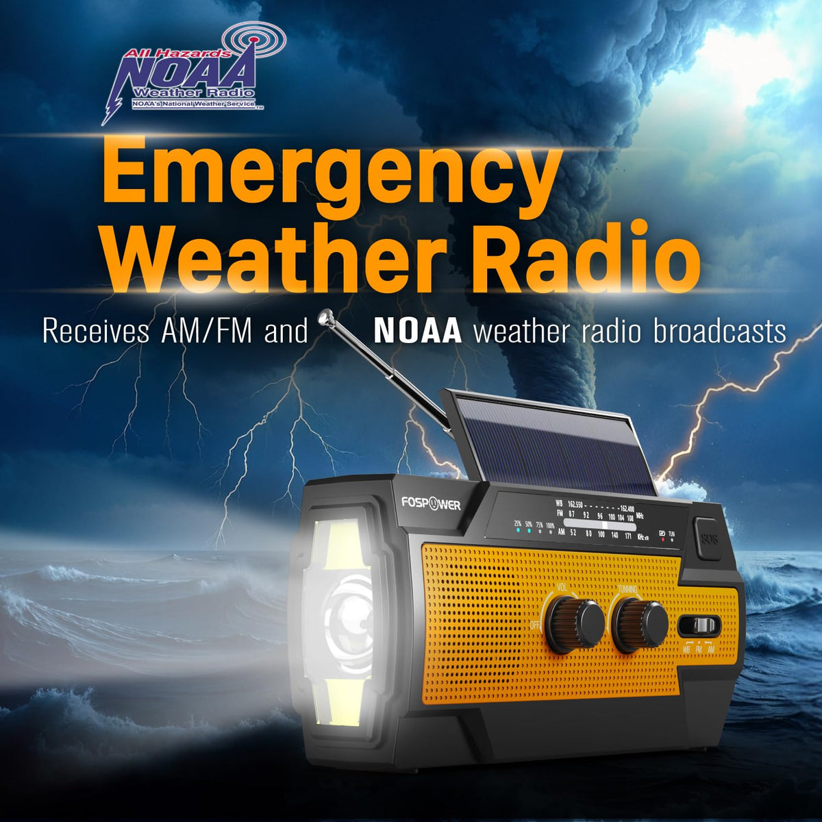 FosPower NOAA Emergency Weather Radio D8 37000mWh Portable Power Bank, AM/FM, USB/Solar/Hand Crank Charging, SOS Alarm & Flashlight for Indoor/Outdoor Emergency - Orange