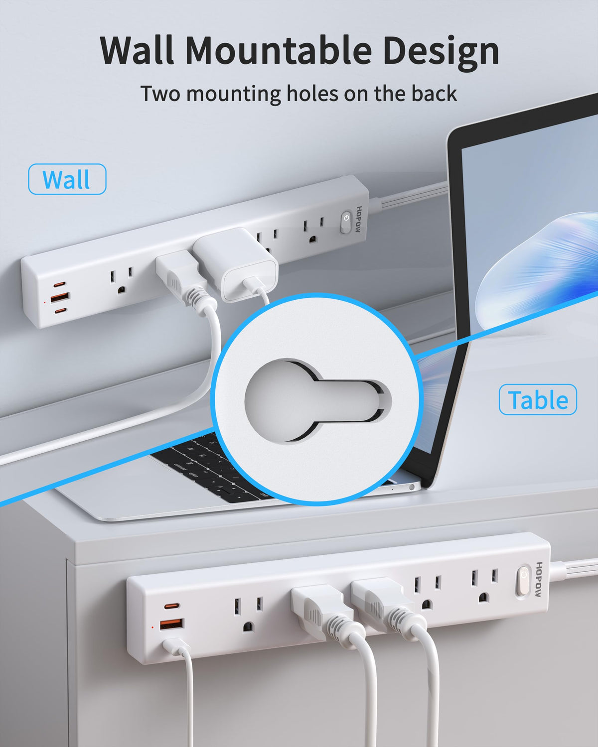 5 Outlets 2 Prong Power Strip with 3USB, 6FT Extension Cord for Old House