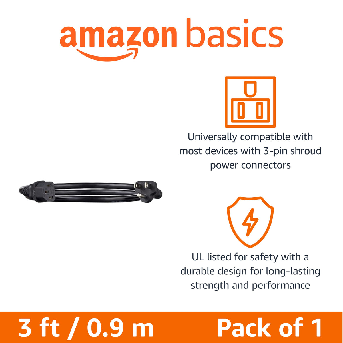 Amazon Basics Replacement Power Cord for Computer, Monitor, TV, Printer, PC, 3 Prong, 18 AWG, 125 Volts, 10 Feet, Black