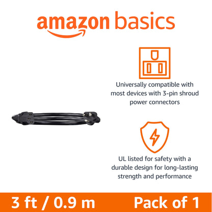 Amazon Basics Replacement Power Cord for Computer, Monitor, TV, Printer, PC, 3 Prong, 18 AWG, 125 Volts, 10 Feet, Black