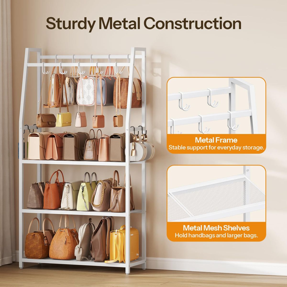 HOOBRO 3-Tier Purse Organizer for Closet, Purse Rack Stand with 14 Hooks