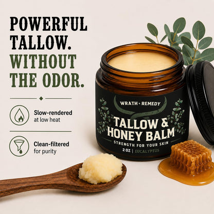 Wrath & Remedy Beef Tallow and Honey Balm, Handcrafted, Unscented, 4 oz