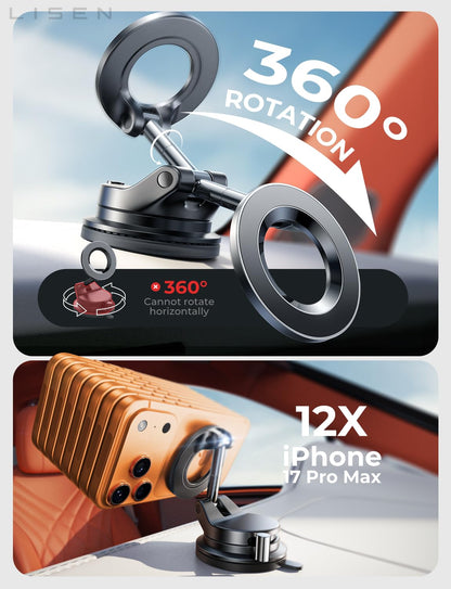 LISEN for MagSafe Car Mount [3800gf Strong Magnet&90+LBS Suction] 360° Adjustable Vacuum Magnetic Phone Holders for Your Car, for iPhone 18 Pro Max 17 16 15 Car Accessories Women Men Smartphone White