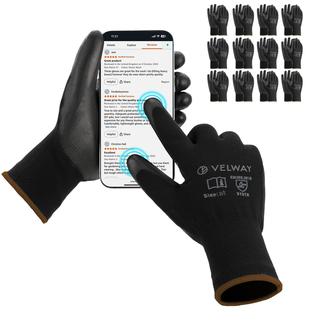 Velway 12 Pairs Work Gloves PU Coated for Men Women, Red, Size 9/L