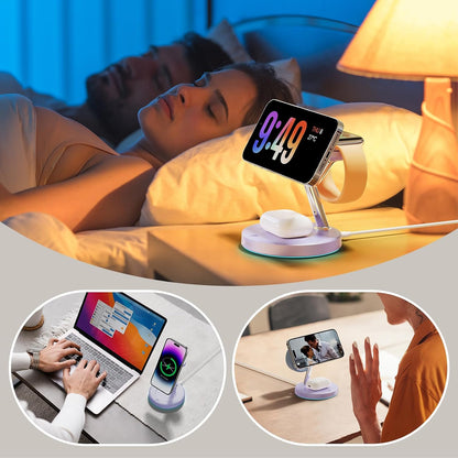 【Adjustable Blue Ambient Light】 Wireless Charger 3 in 1 for iPhone, Magnetic Charging Station for Apple Family,15W Fast MagSafe Charger Stand,for iPhone17-12-iWatch AirPods Series