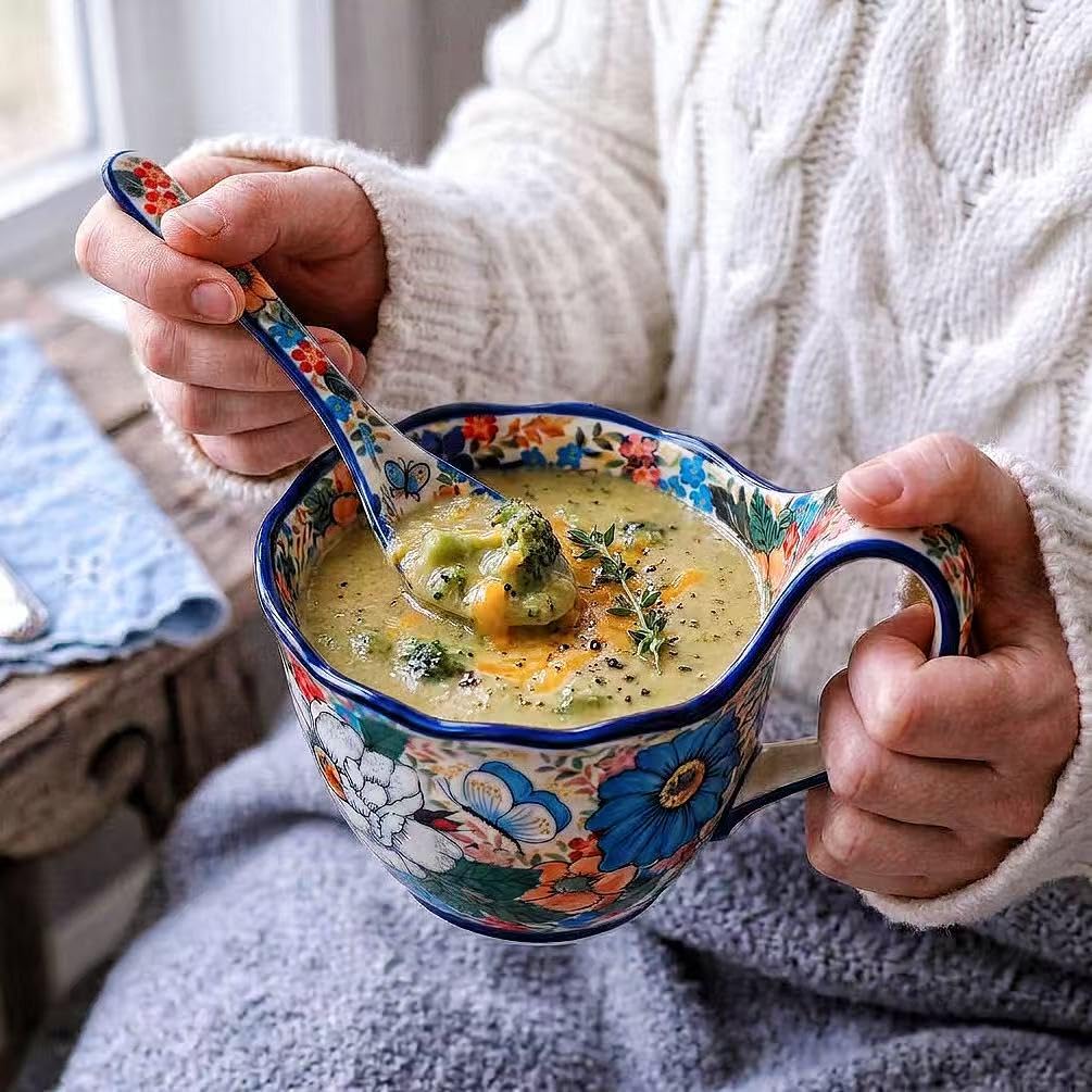 ALMA Handpainted Soup Bowl with Large Loop Handle,Easier Secure Grip