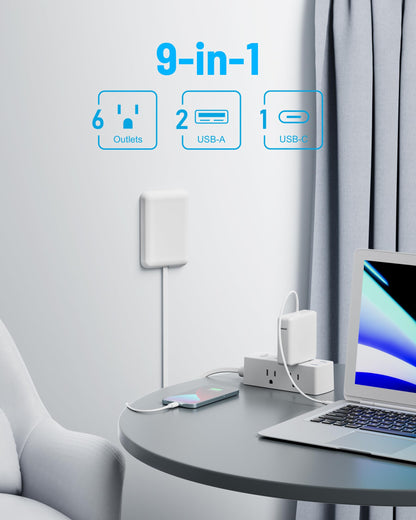 Split Extension Cord with Outlet Cover (10FT, Dual 5FT), Flat Plug Power Strip with 6 Outlets and 3 USB Ports, Outlet Extender for Tight Spaces