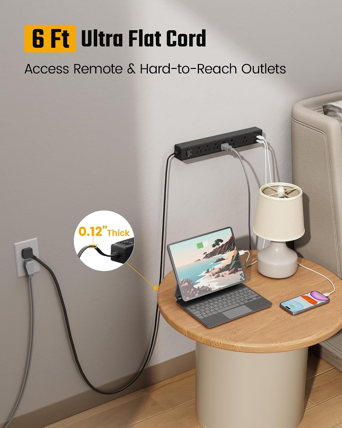 SUPERDANNY 6Ft Thin Extension Cord, Flat Plug Surge Protector Power Strip