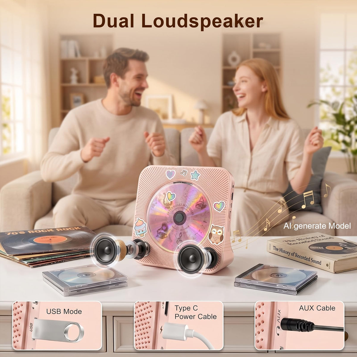 Gueray CD Player Portable Bluetooth Desktop CD Player for Home (Black)