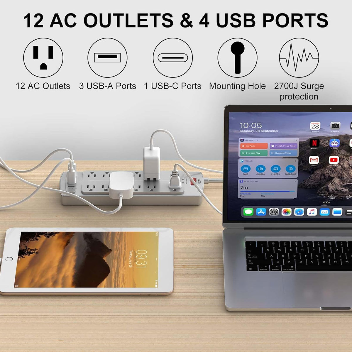 ALESTOR 10 Ft Surge Protector Power Strip with 12 Outlets and 4 USB Ports