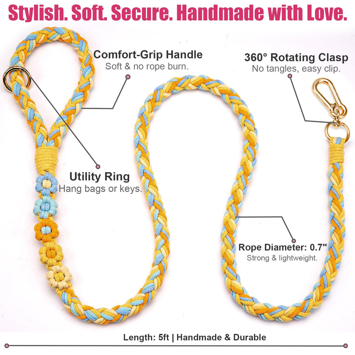 5FT Braided Cotton Rope Leash for Small, Medium and Large Dogs, Red & White Twist