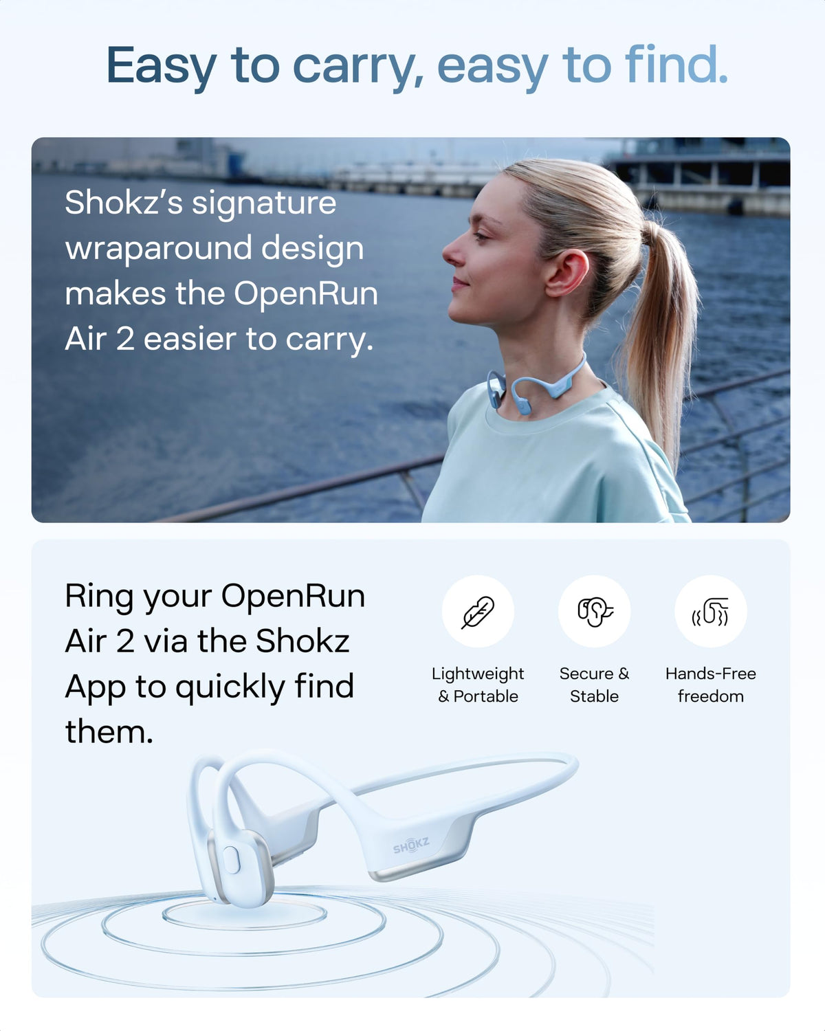 SHOKZ OpenRun Air 2 Bone Conduction Open-Ear Bluetooth Headphones，Black