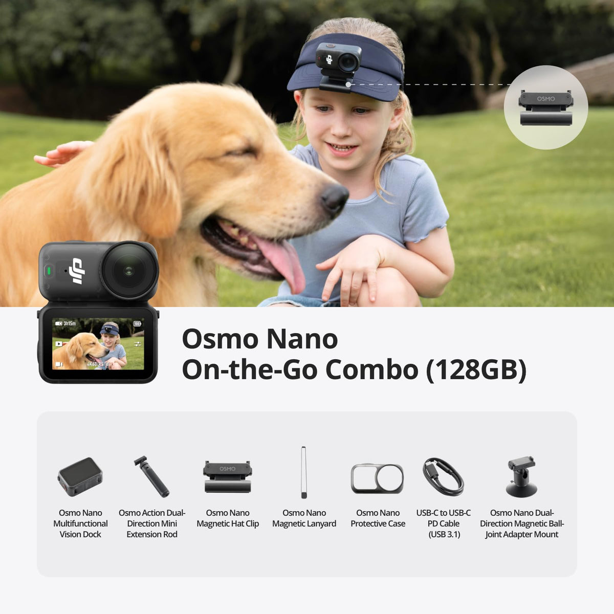 DJI Osmo Nano Standard Combo (128GB), 4K Wearable Camera, 1/1.3″ Sensor