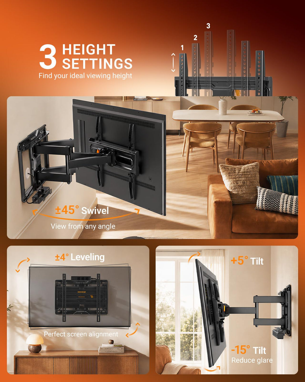 Perlegear Full Motion TV Wall Mount with Power Strip for 60–120 Inch TVs