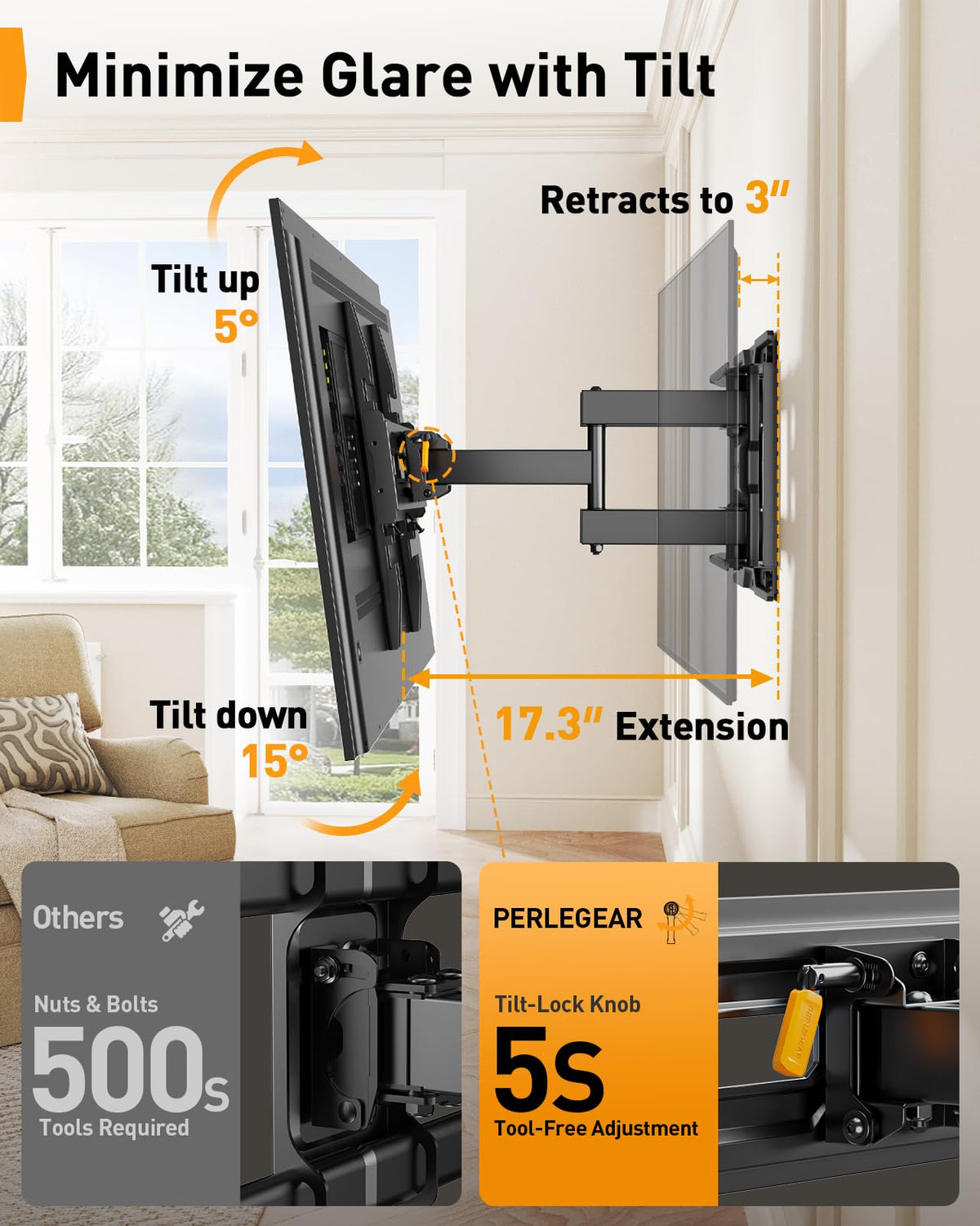 Perlegear Full Motion TV Wall Mount with Power Strip for 60–120 Inch TVs