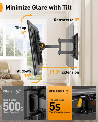 Perlegear Full Motion TV Wall Mount with Power Strip for 60–120 Inch TVs