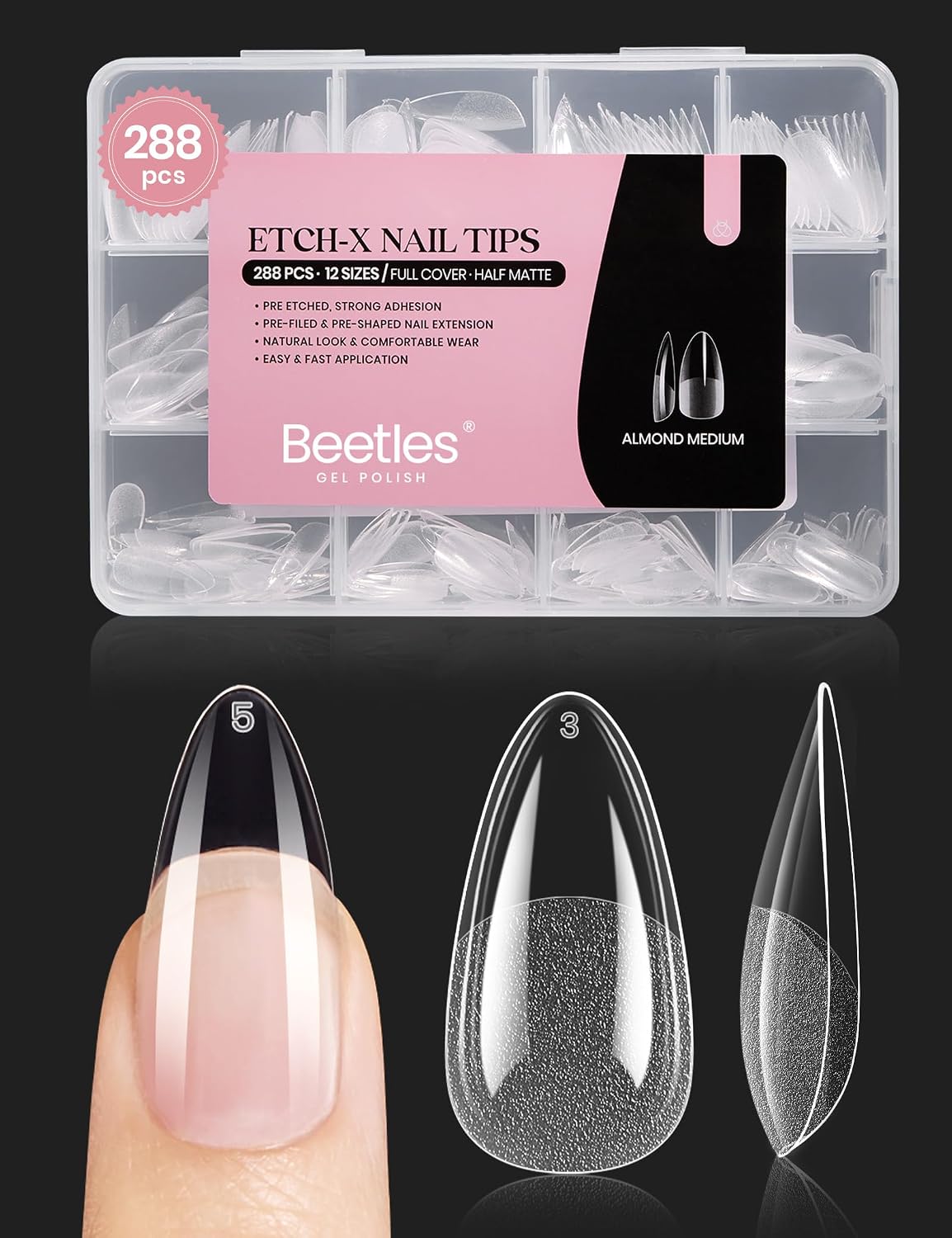 Beetles Soft Gel Nail Kit Almond Short 288pcs 12 Sizes Nail Tips with Glue