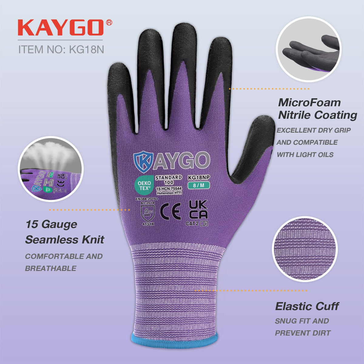KAYGO Safety Work Gloves MicroFoam Nitrile Coated 12 Pairs, KG18NH