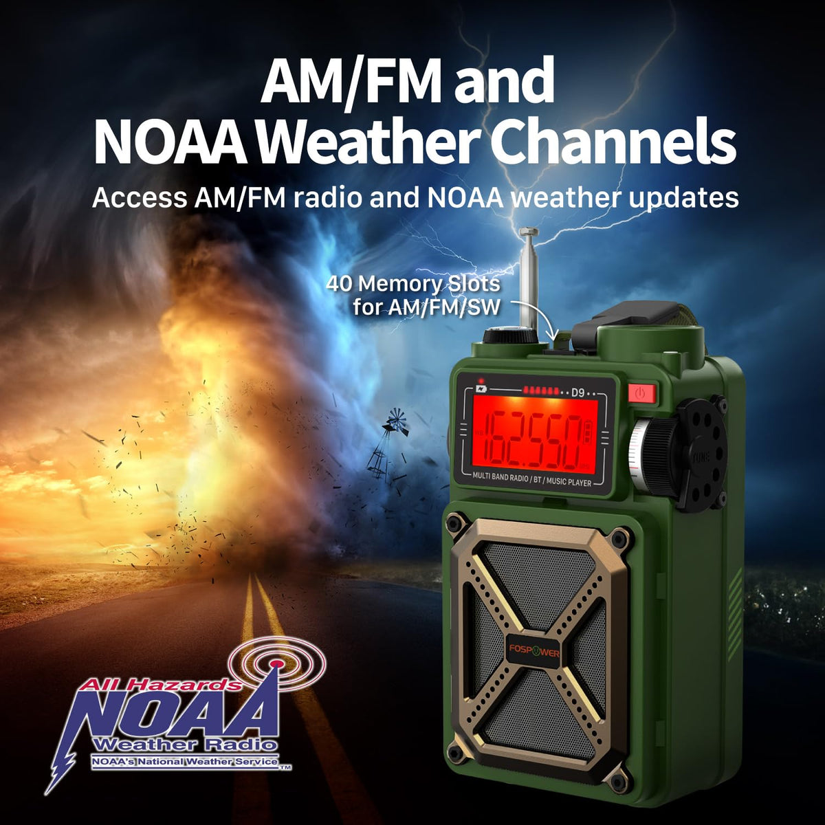 FosPower NOAA Emergency Weather Radio D8 37000mWh Portable Power Bank, AM/FM, USB/Solar/Hand Crank Charging, SOS Alarm & Flashlight for Indoor/Outdoor Emergency - Orange