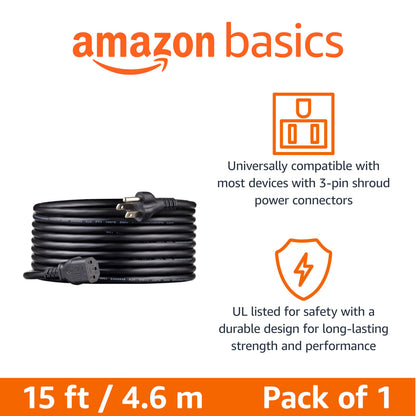 Amazon Basics Replacement Power Cord for Computer, Monitor, TV, Printer, PC, 3 Prong, 18 AWG, 125 Volts, 10 Feet, Black