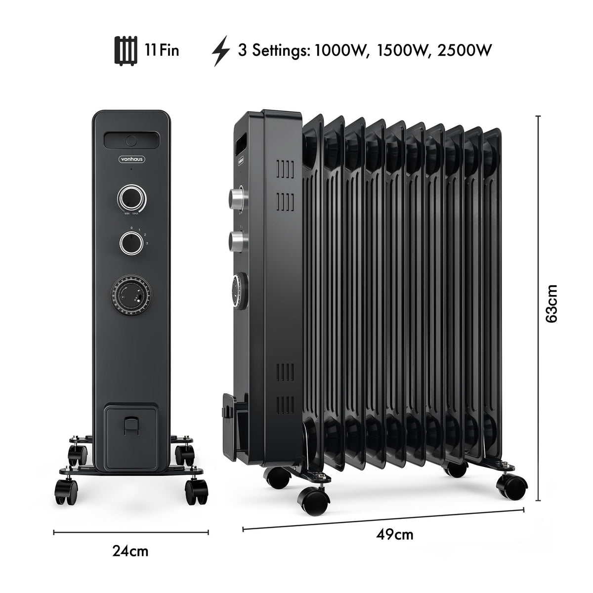 VonHaus Oil Filled Radiator 11 Fins – 2500W, 3 Heat Settings, 24 Hour Timer
