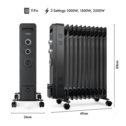 VonHaus Oil Filled Radiator 11 Fins – 2500W, 3 Heat Settings, 24 Hour Timer