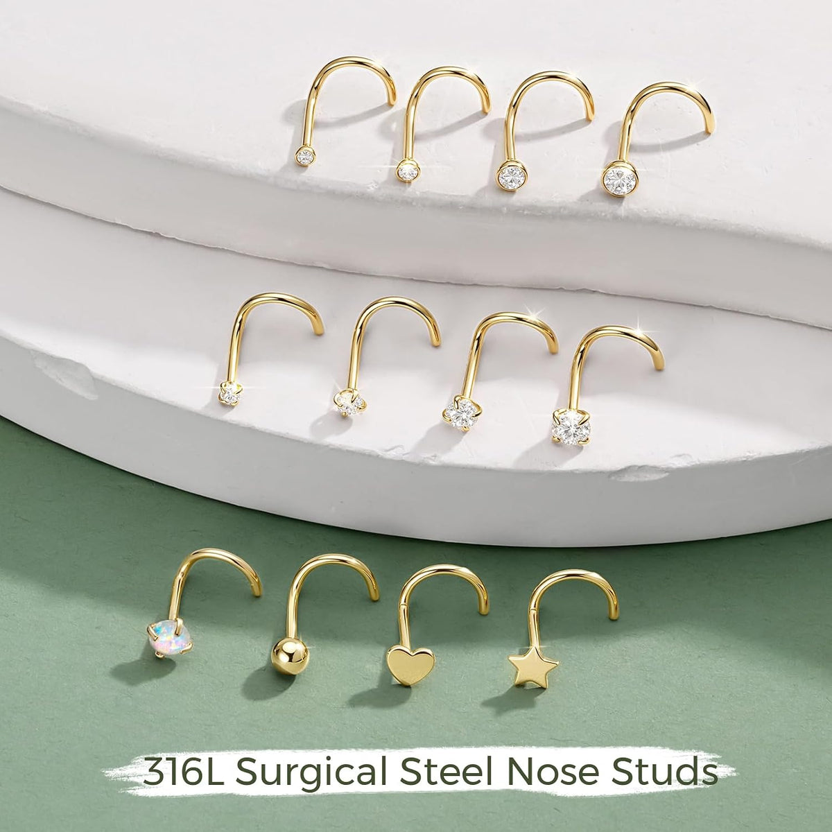12 Pcs 20G Silver Nose Rings Studs Corkscrew Piercing Jewelry for Women Men