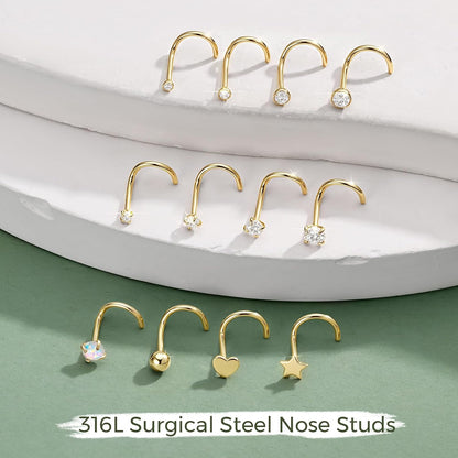 12 Pcs 20G Silver Nose Rings Studs Corkscrew Piercing Jewelry for Women Men