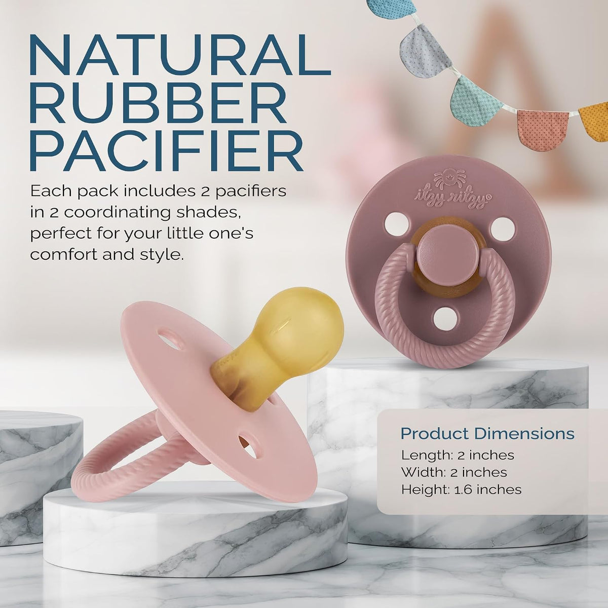 Itzy Ritzy Natural Rubber Pacifiers for 0–6 Mos, Set of 2, Blossom/Rosewood