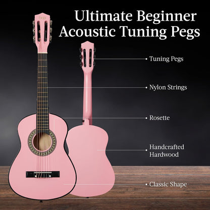 Best Choice Products 30in Kids Acoustic Guitar, All-in-One Beginner Starter Kit w/Strap, Case, Extra Strings, Rosette Inlay - Pink