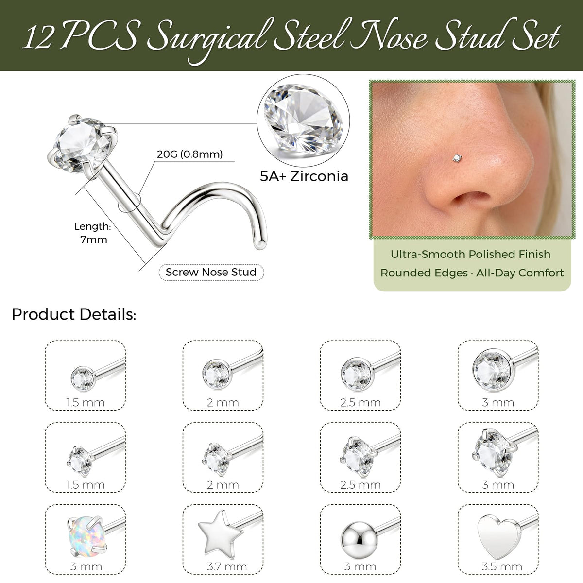 12 Pcs 20G Silver Nose Rings Studs Corkscrew Piercing Jewelry for Women Men