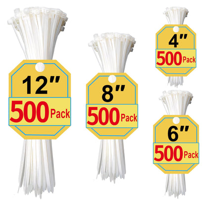 White Zip Ties Assorted Sizes 4+6+8+12 Inch, 400 Pack, Clear Zip Ties, White Cable Ties, Zipties Clear, UV Resistant Wire Ties, Plastic Ties, Tie Wraps Assorted Sizes, SiKuLin
