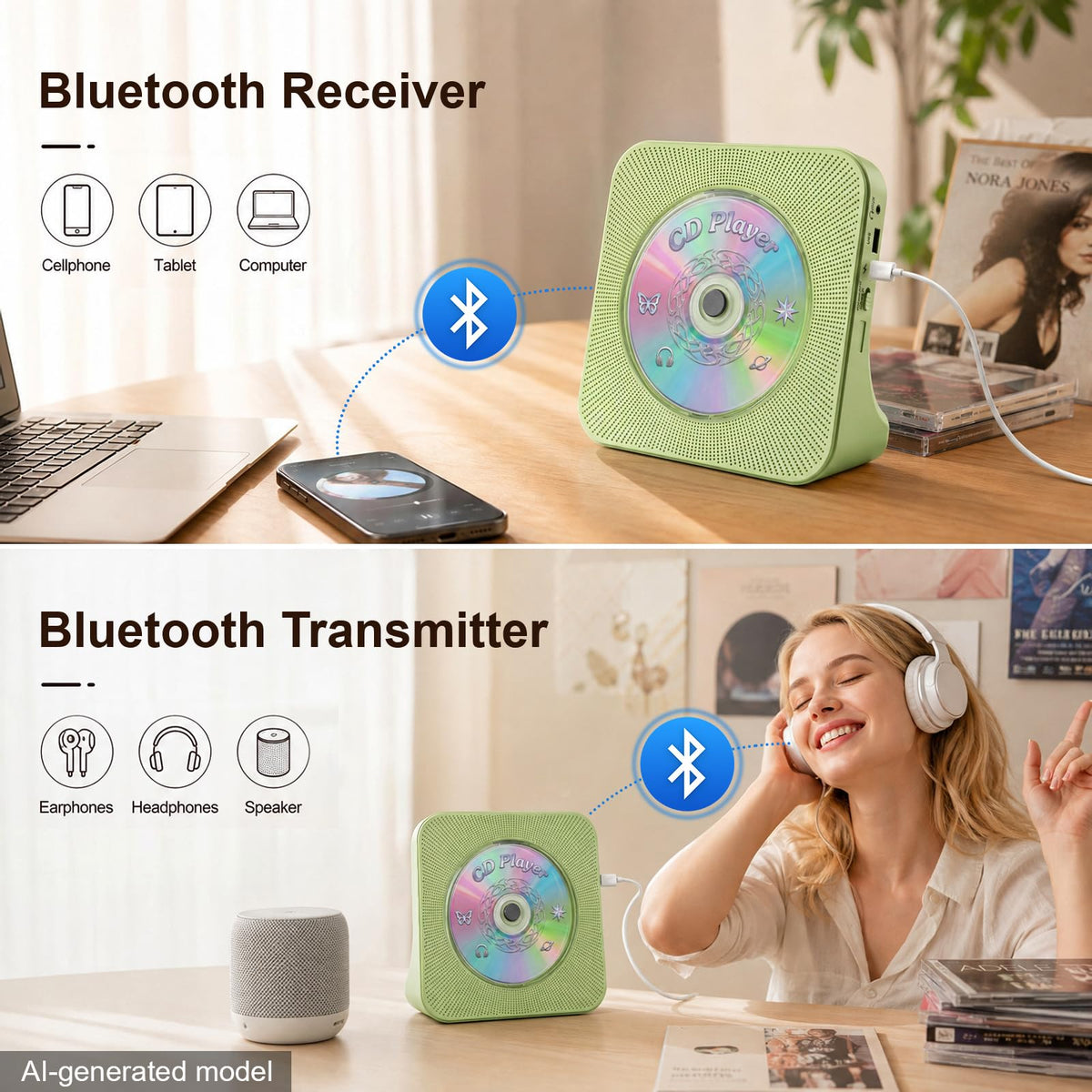 Gueray CD Player Portable Bluetooth Desktop CD Player for Home (Black)