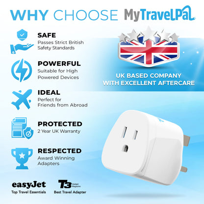 MyTravelPal US to UK Plug Adapter | UK Safety Standards | Grounded Type A/B