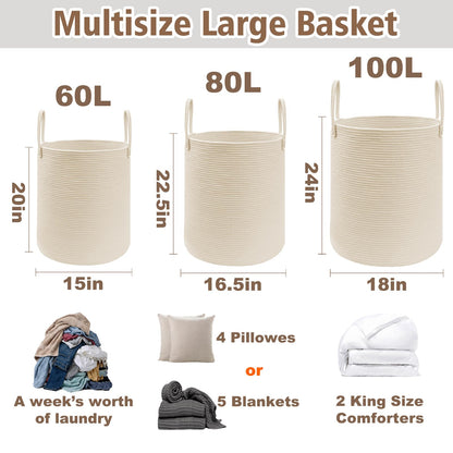 JMvicyroam 80L Nursery Hamper, Cotton Rope Laundry Basket, Brown&Black