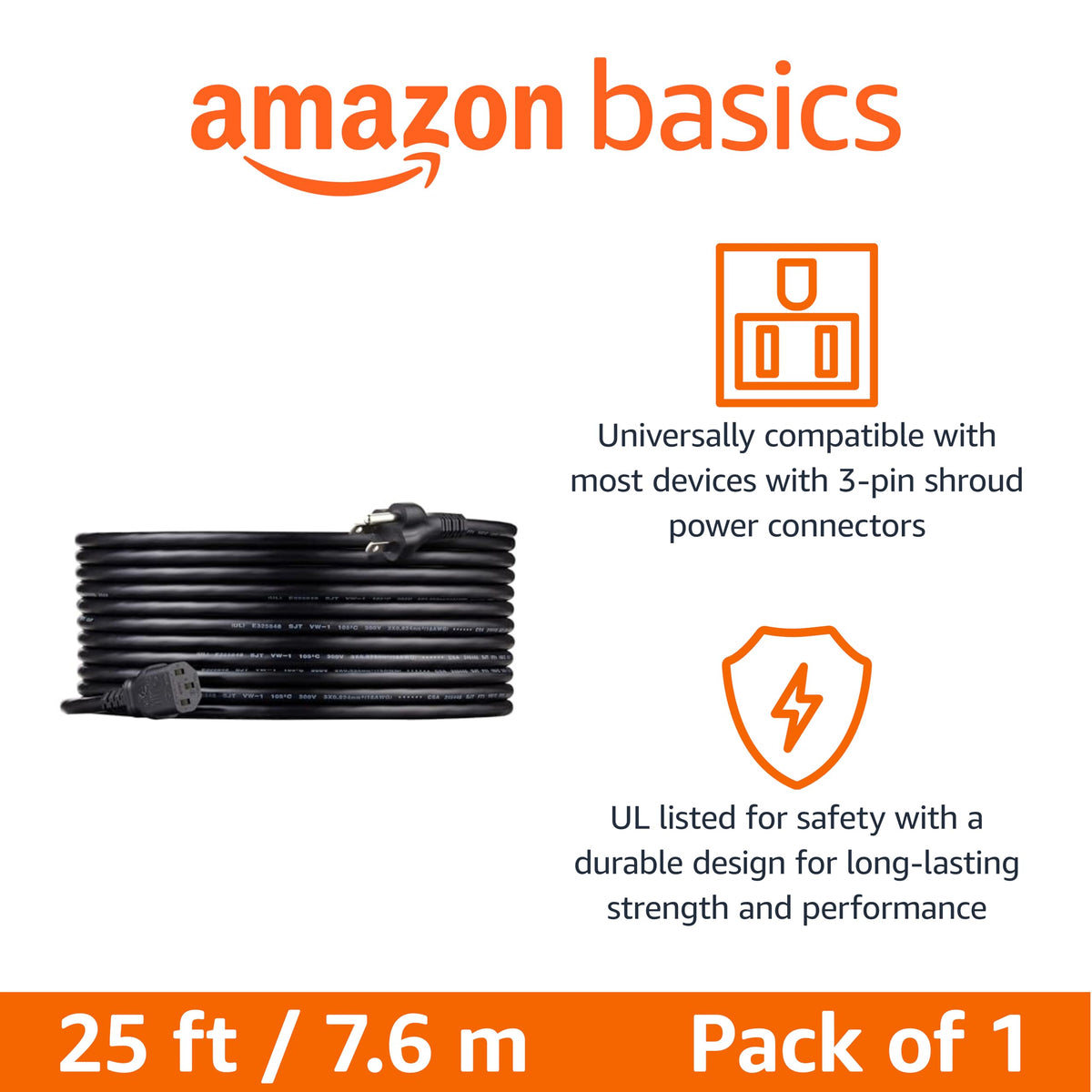 Amazon Basics Replacement Power Cord for Computer, Monitor, TV, Printer, PC, 3 Prong, 18 AWG, 125 Volts, 10 Feet, Black