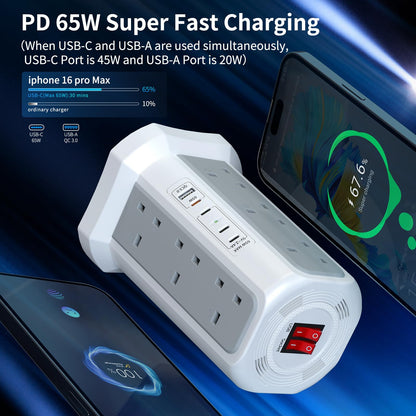 HAFINO Tower Extension Lead with USB Slots, PD18W USB C Fast Charger, 1.8M