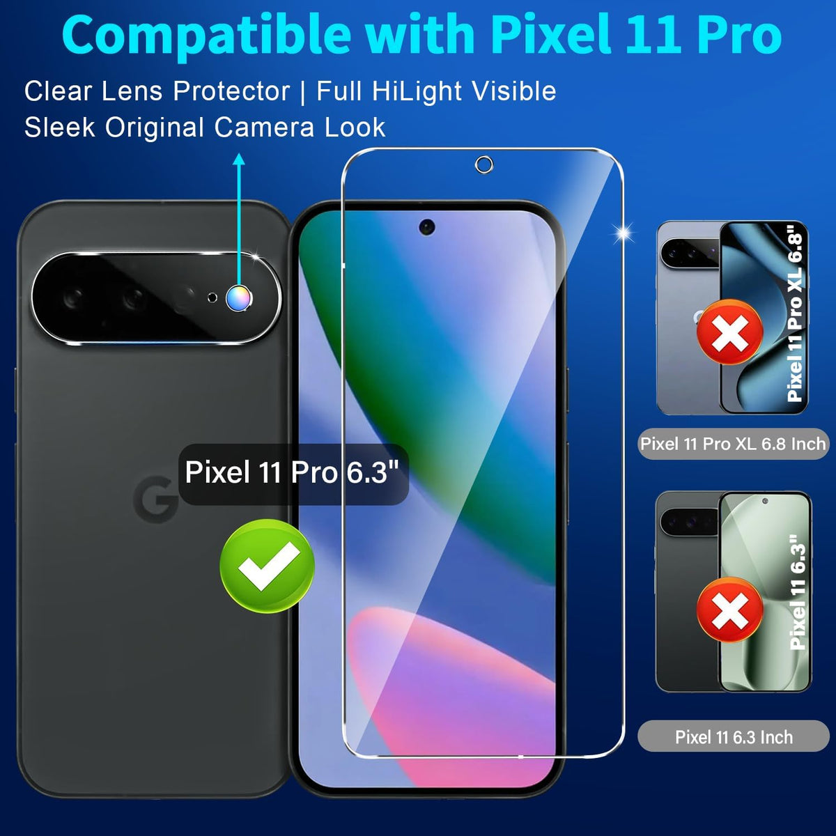 letosan 3 Pack for Google Pixel 11 Pro Screen Protector Tempered Glass + 3 Pack Camera Lens Protector, Military Grade Shatterproof, 9H Hardness, Fingerprint Unlock,Case Friendly 6.3 Inch