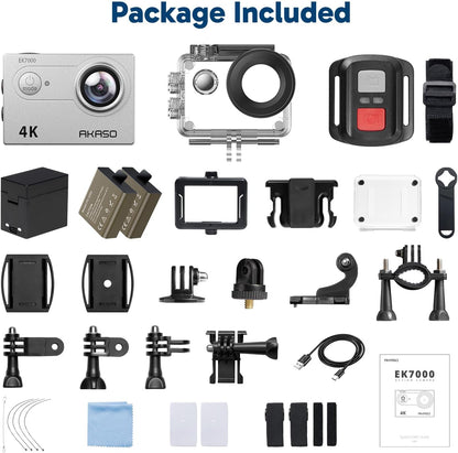 AKASO EK7000 4K30FPS 20MP WiFi Action Camera with EIS Ultra HD 131FT Waterproof Underwater Camera Remote Control 4X Zoom Support External Microphone