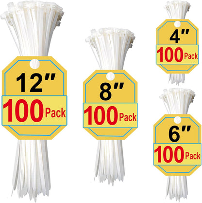 White Zip Ties Assorted Sizes 4+6+8+12 Inch, 400 Pack, Clear Zip Ties, White Cable Ties, Zipties Clear, UV Resistant Wire Ties, Plastic Ties, Tie Wraps Assorted Sizes, SiKuLin