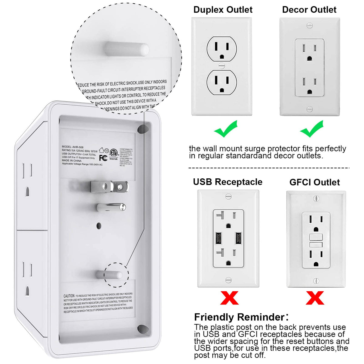 Multi Plug Wall Outlet Night Light, POWRUI 6 Outlet Extender & 3 USB Ports