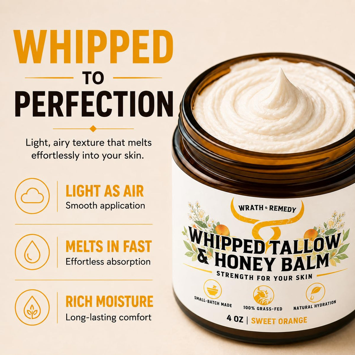 Wrath & Remedy Beef Tallow and Honey Balm, Handcrafted, Unscented, 4 oz