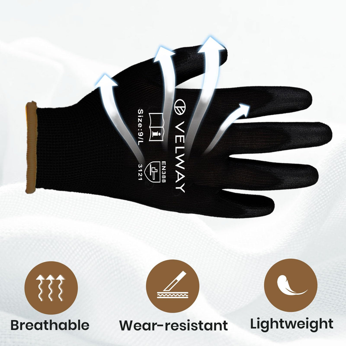 Velway 12 Pairs Work Gloves PU Coated for Men Women, Red, Size 9/L