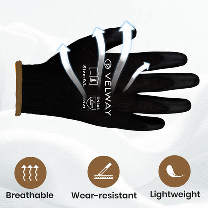 Velway 12 Pairs Work Gloves PU Coated for Men Women, Red, Size 9/L