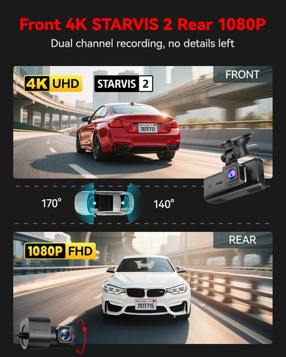 REDTIGER 4K STARVIS 2 Dashcam Front Rear, 5GHz WiFi 20MB/s, Free 128GB Card