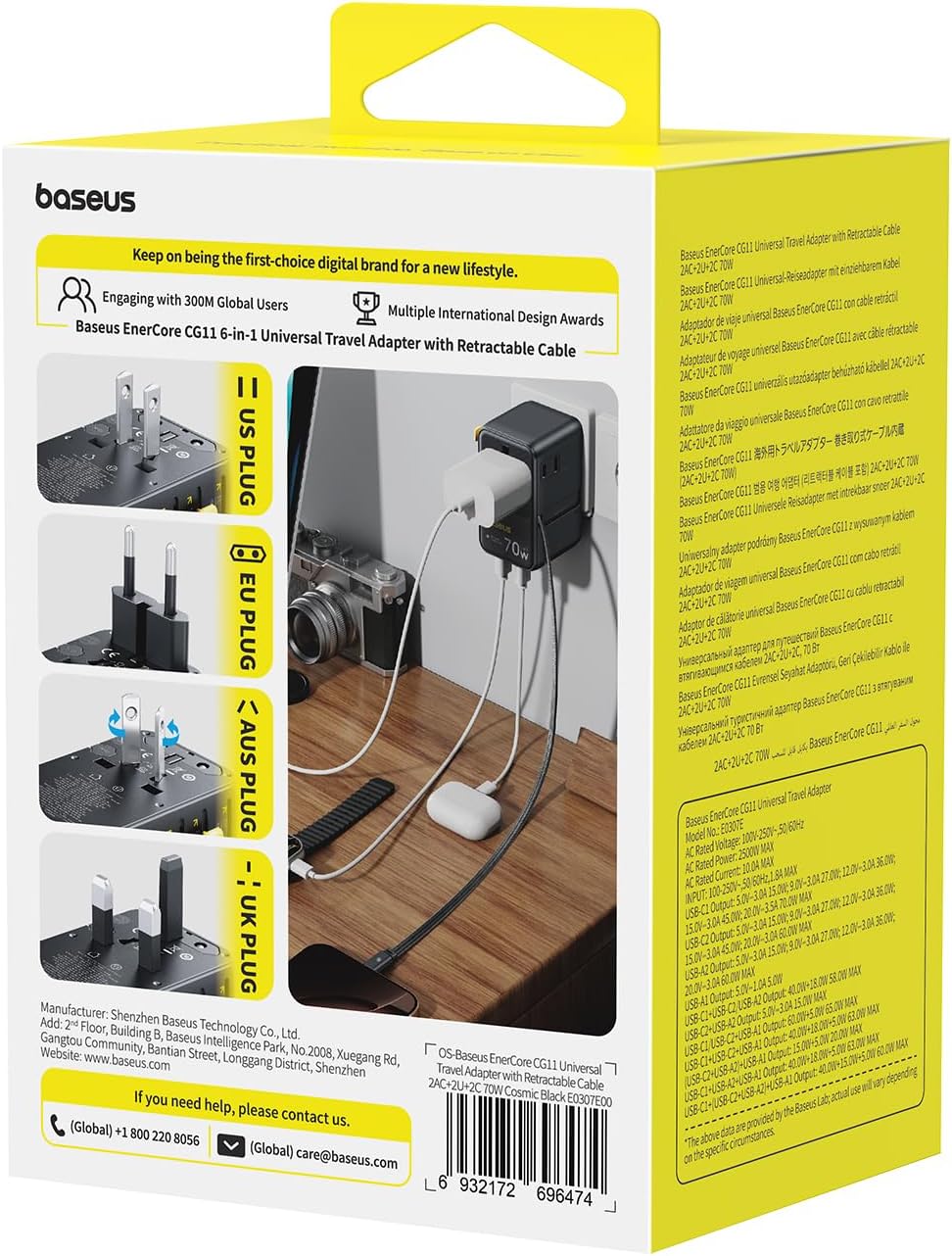 Baseus 70W Universal Travel Adapter, 6-in-1 International Plug Adapter