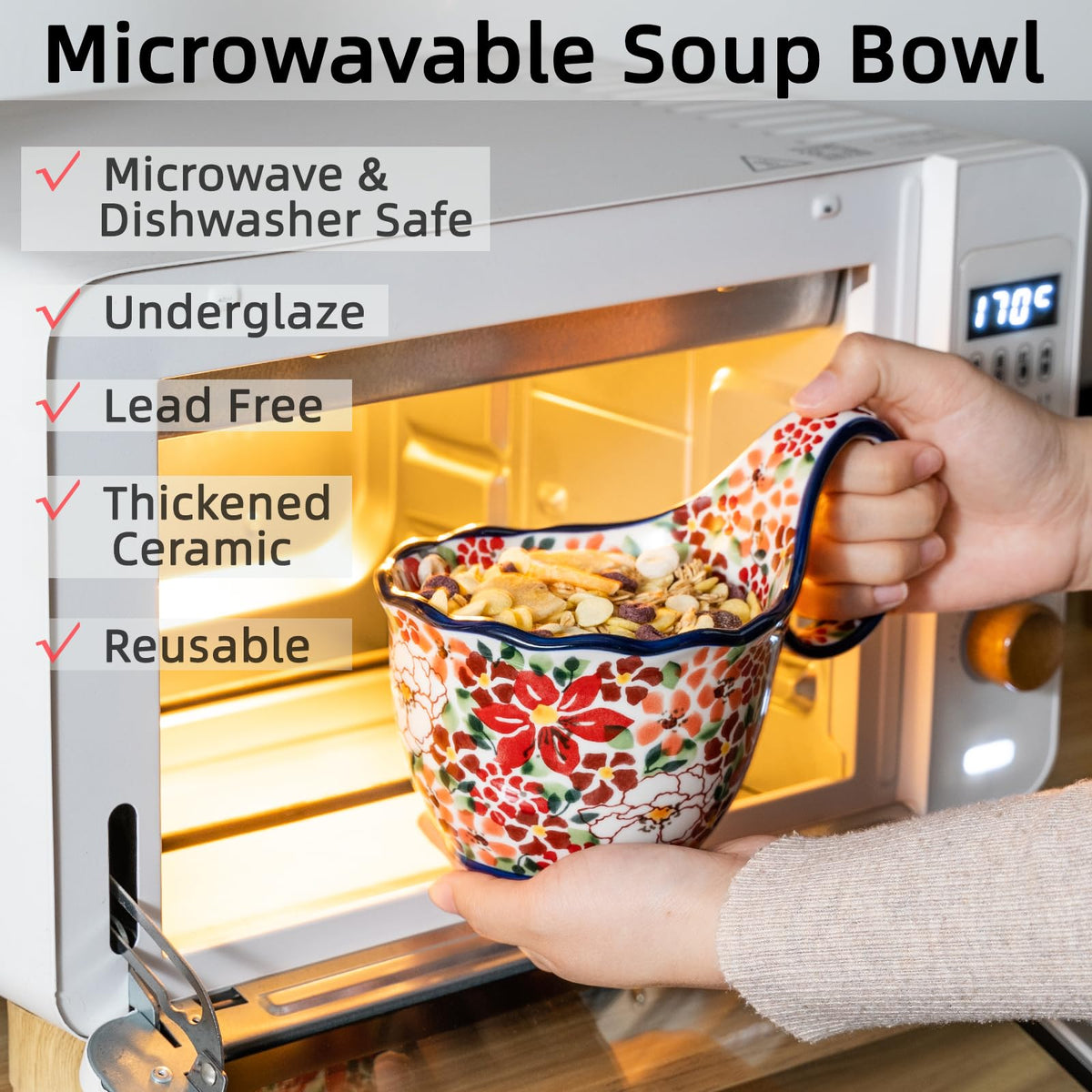 ALMA Handpainted Soup Bowl with Large Loop Handle,Easier Secure Grip