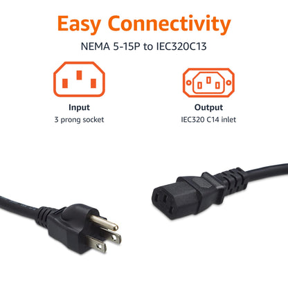 Amazon Basics Replacement Power Cord for Computer, Monitor, TV, Printer, PC, 3 Prong, 18 AWG, 125 Volts, 10 Feet, Black